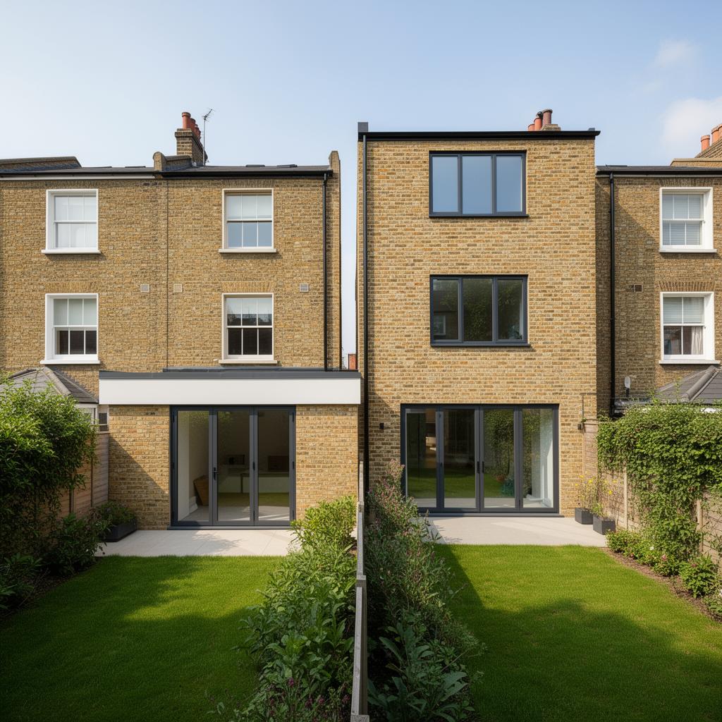 Architectural comparison of a London terrace with a single-storey rear extension next to one with a double-storey rear extension