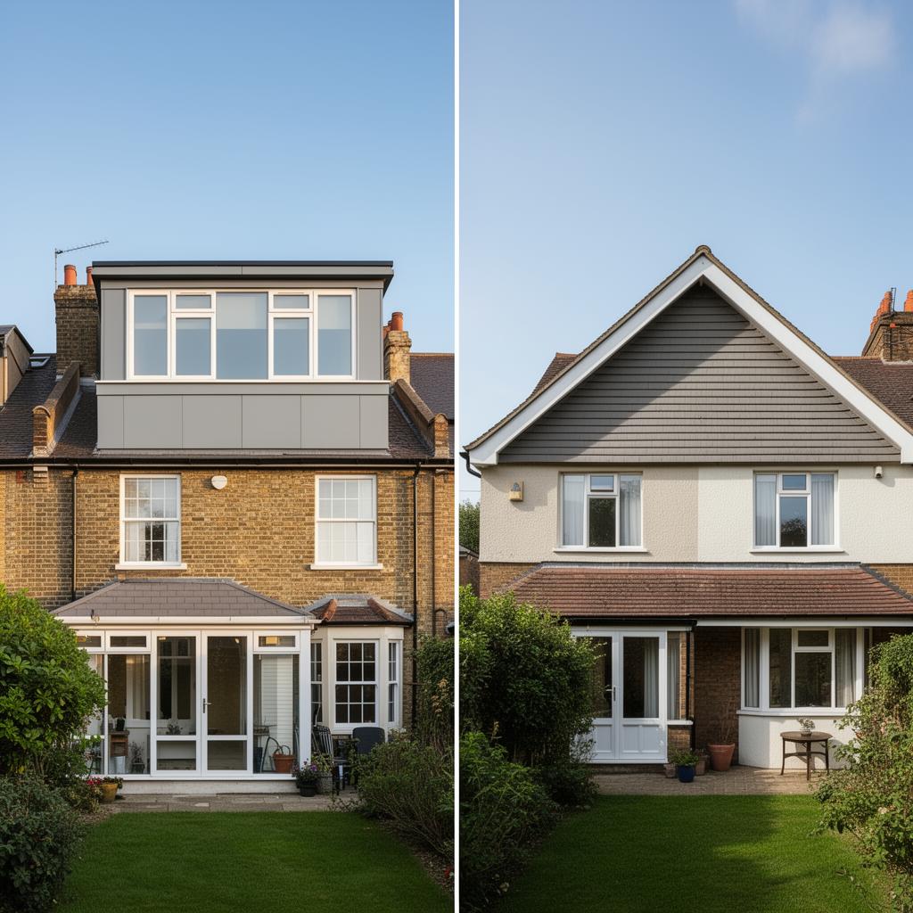 Side-by-side comparison of a London terrace with a rear dormer loft conversion next to a 1930s semi with a hip-to-gable conversion
