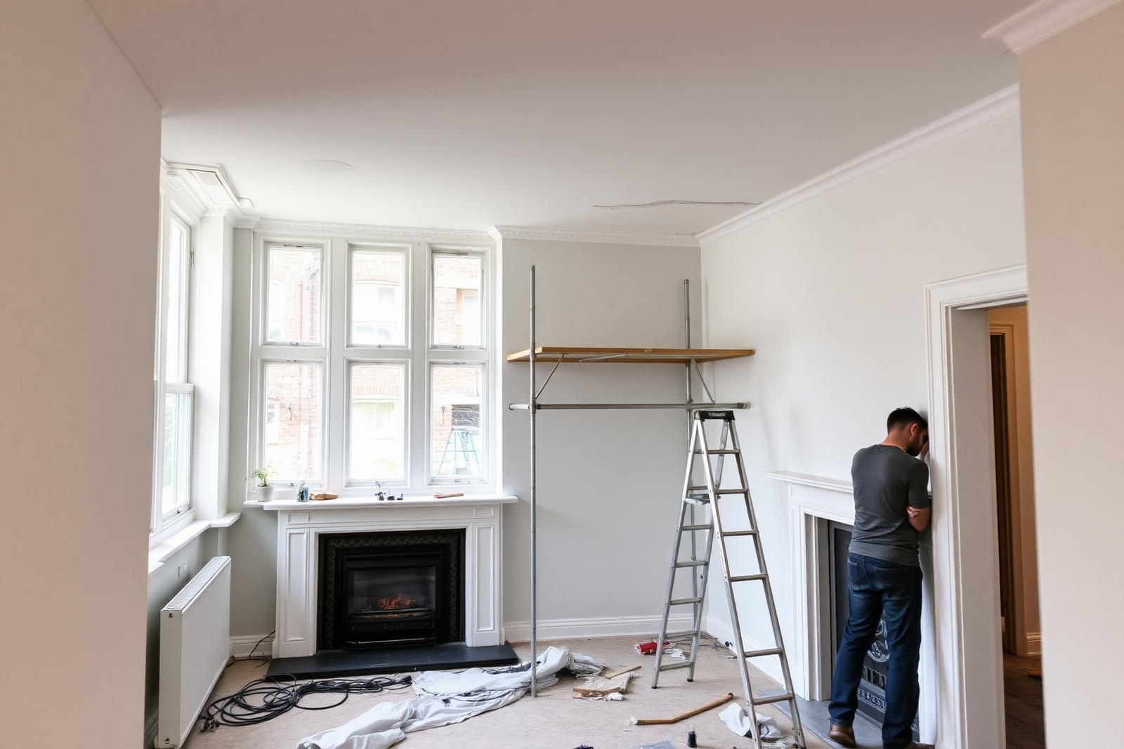 Insurance reinstatement project in progress at an East London residential property — strip-out complete, plastering and decoration underway