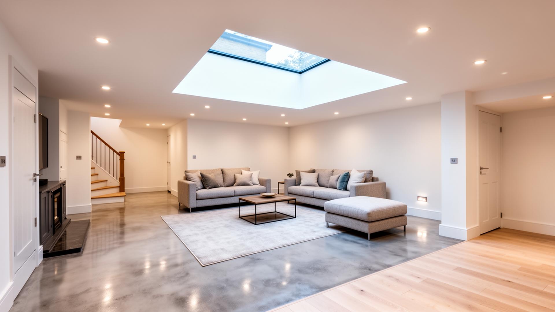 Bright finished basement living space with rooflight, polished concrete floor and modern lounge — basement conversion by RJS Innovative Building, East London