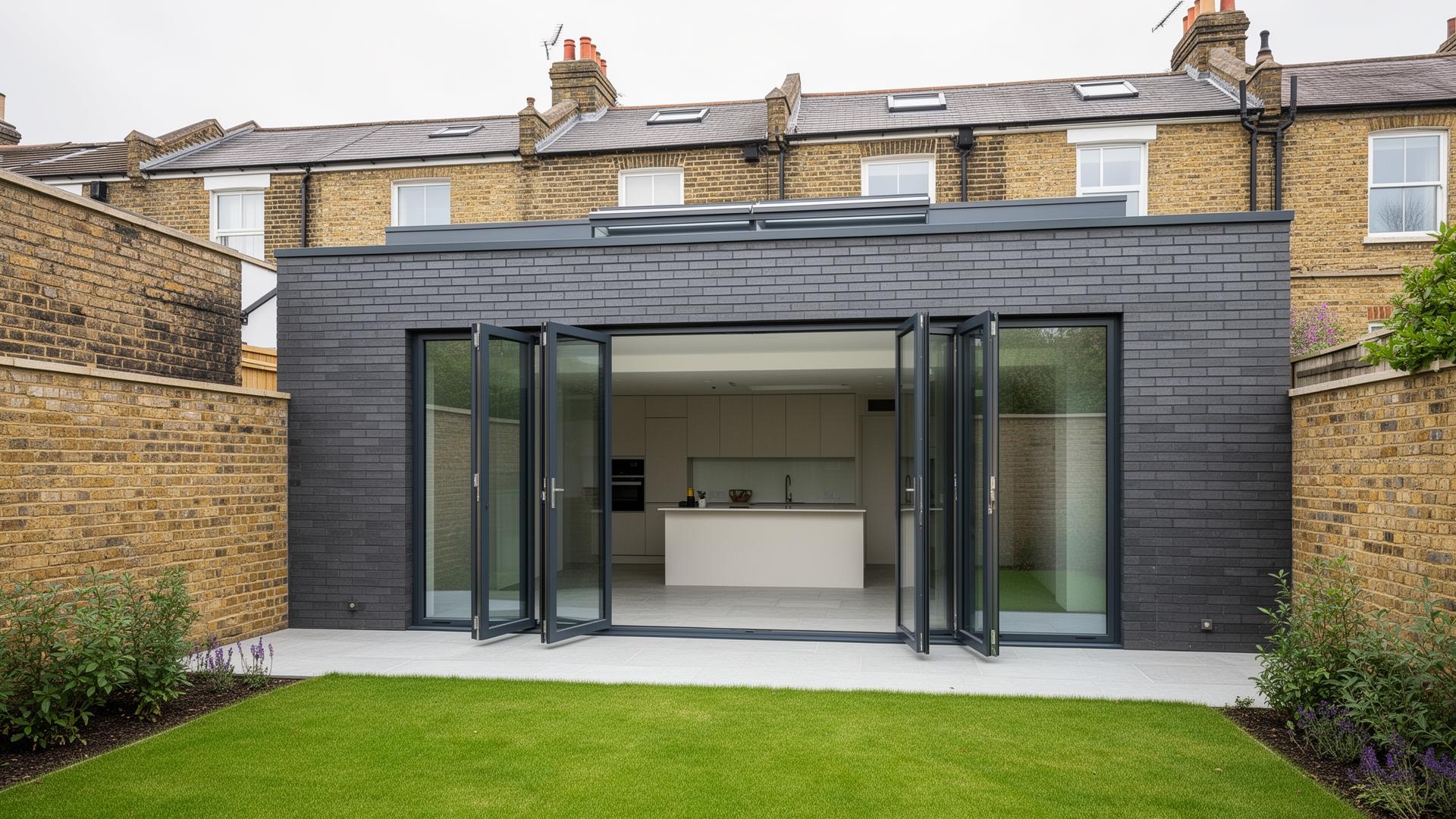 Modern single-storey rear house extension with dark brickwork and aluminium bi-fold doors onto the garden — house extension by RJS Innovative Building, East London