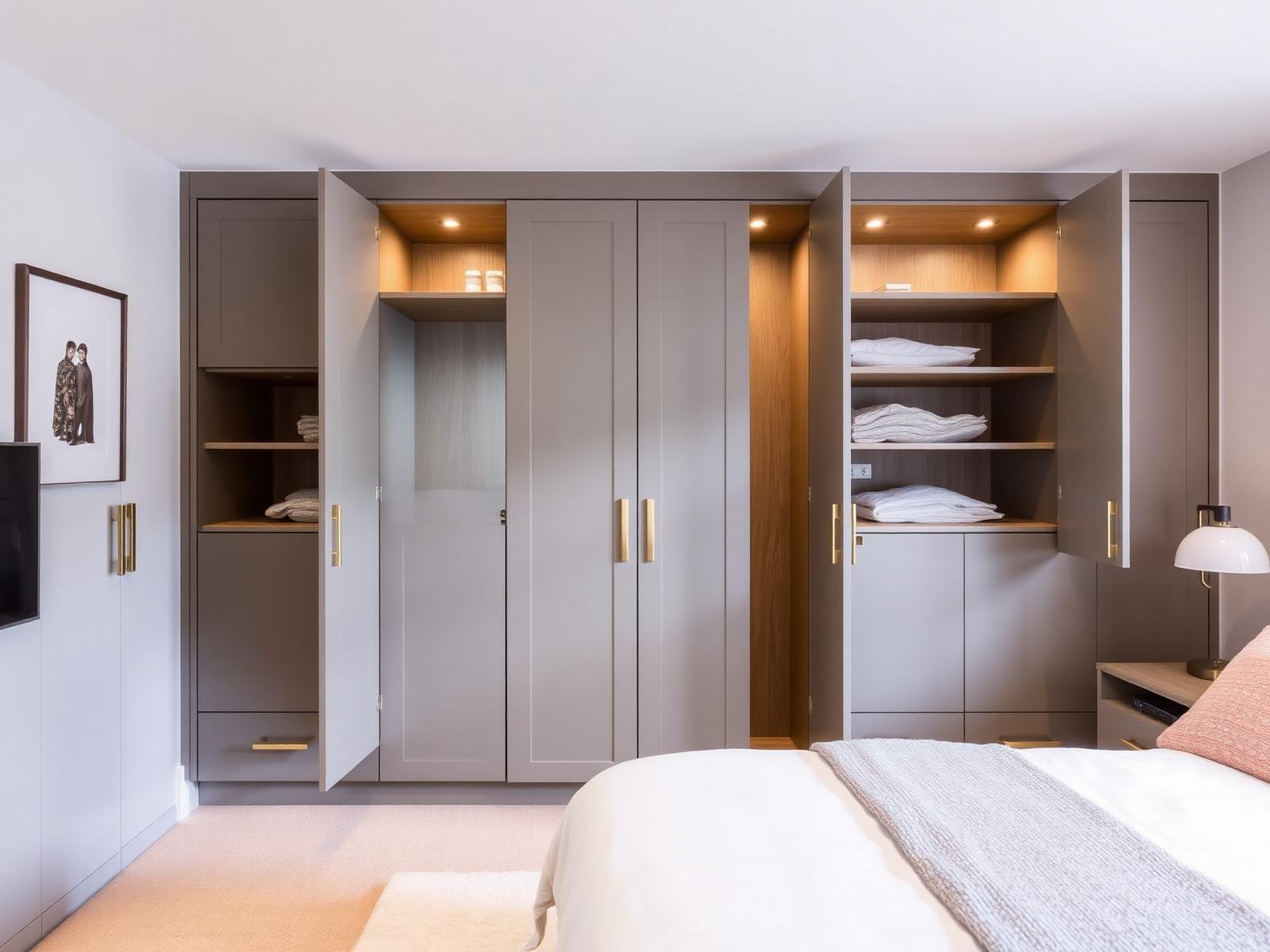 Floor-to-ceiling fitted bedroom wardrobes in soft taupe shaker-style with brushed brass handles, internal LED lighting and oak interiors — fitted wardrobes by RJS Innovative Building, East London