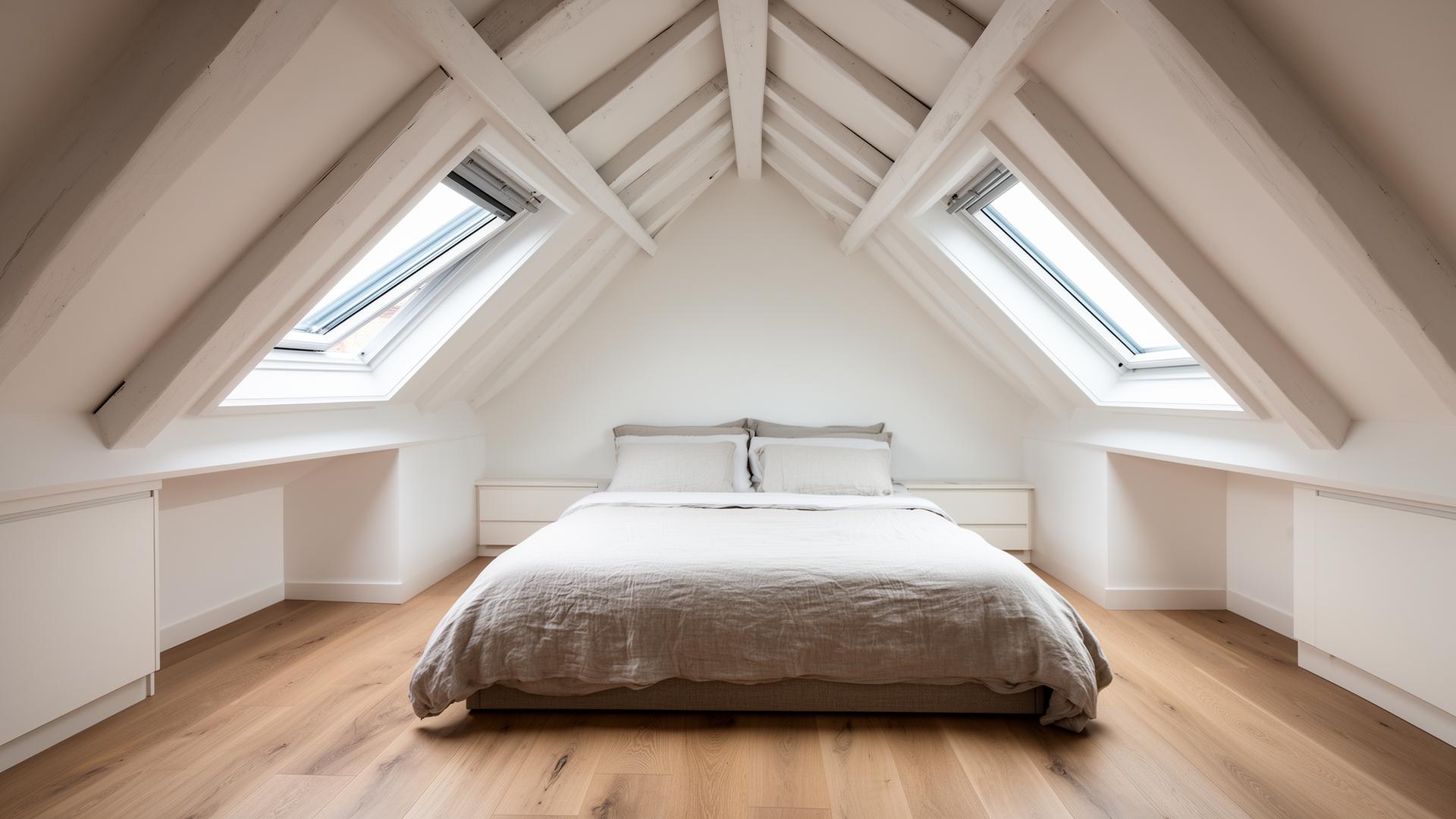 Completed loft conversion bedroom with twin Velux skylights, exposed white rafters and oak flooring — loft conversion by RJS Innovative Building, East London