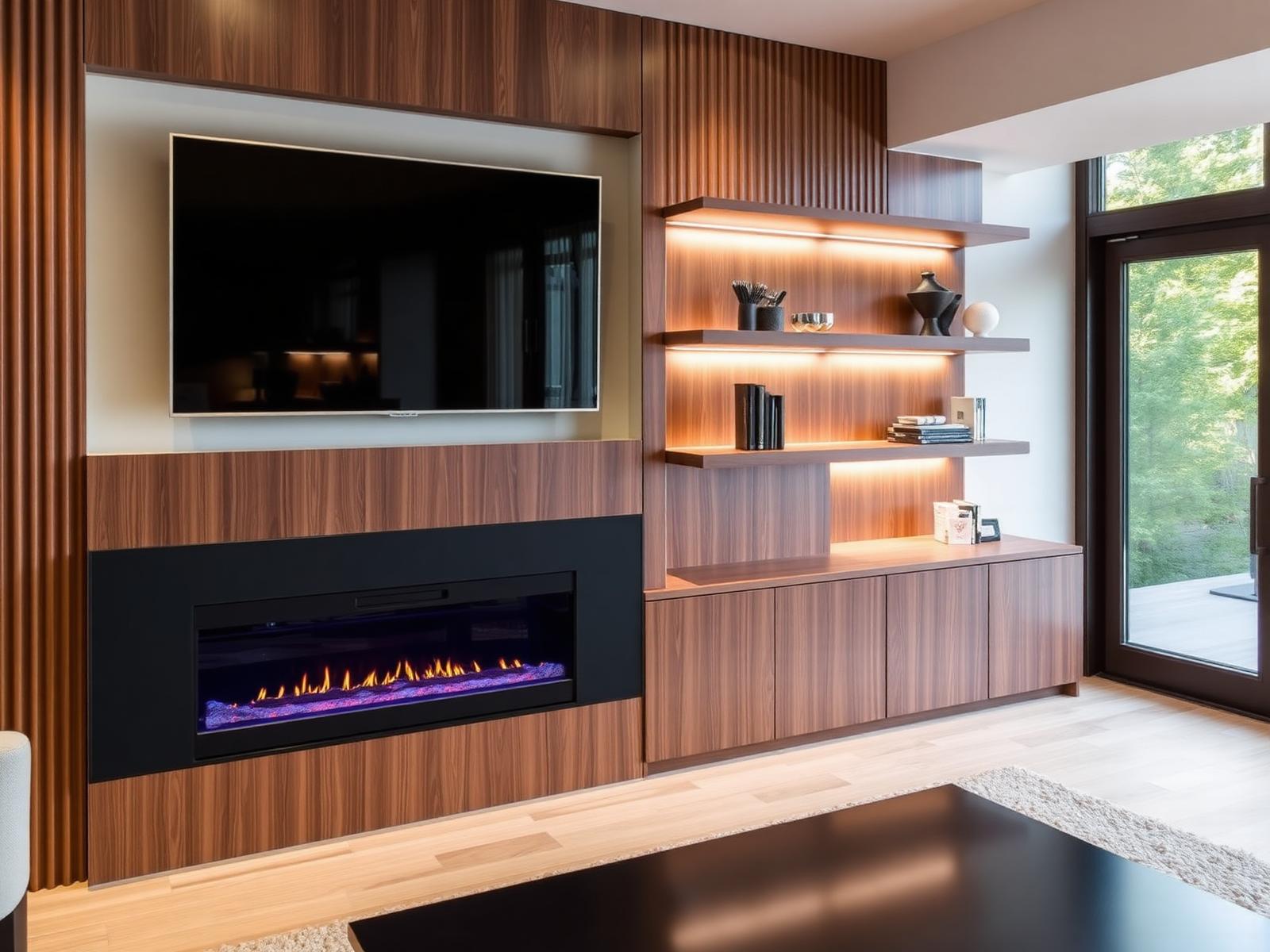 Bespoke walnut TV media wall with mounted television, integrated electric fire below and floating shelves with ambient LED lighting — TV media wall by RJS Innovative Building, East London