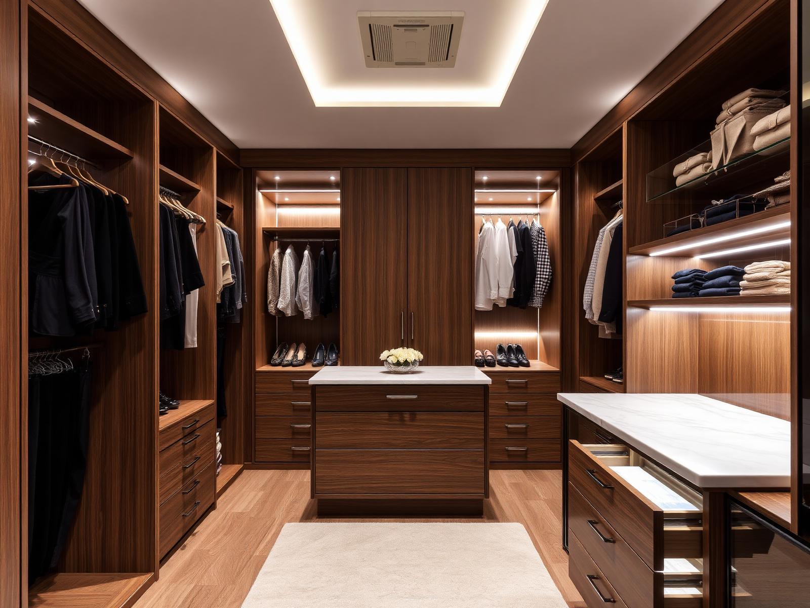 Walk-in dressing room with walnut bespoke joinery, hanging rails, glass-front drawers, integrated LED strip lighting and central marble-topped island — walk-in wardrobe by RJS Innovative Building, East London